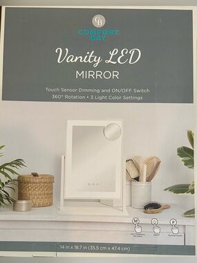 Comfort Bay LED Lighted Makeup Mirror Touch Sensor Dimmable 360° Rotating White
